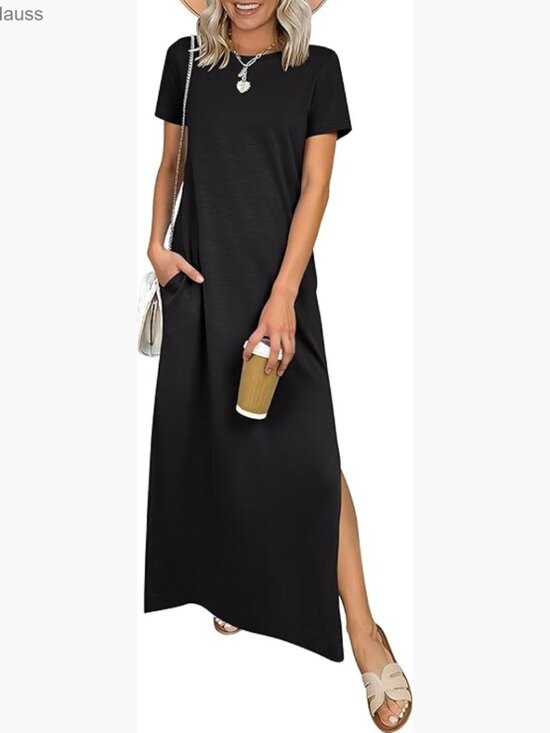 Dresses & Skirts - Summer Maxi Dress Short Sleeve Crewneck Split Wrinkle-Free Travel Sundress